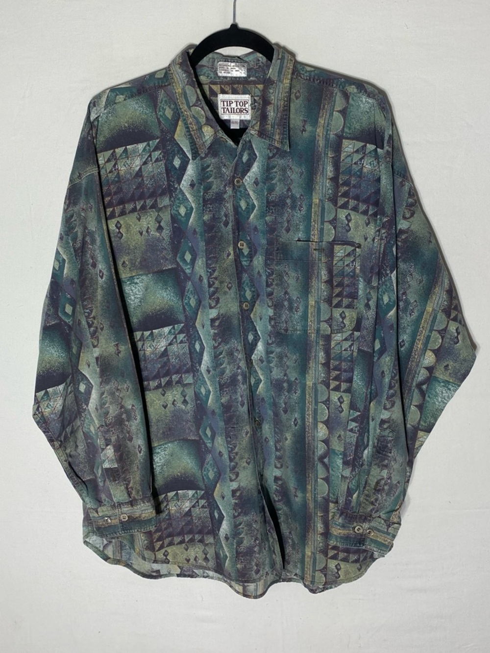 Vintage 90s Tip Top Tailors Green Blue Boily Geometric Print Button Up Shirt XL